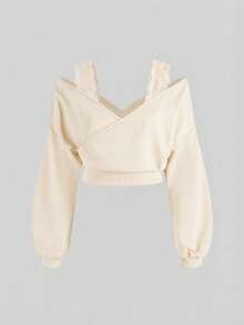 SHEIN MOD Plus Size Lace Trim Off Shoulder Long Sleeve Cropped Sweatshirt - Apricot - View 7