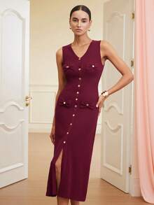 Chiquease Wine Red Metal Button Design Bow Decor Pocket Sleeveless Romantic Elegant Delicate Hollow Knit Women Sweater Dress - Rusty Rose - View 3