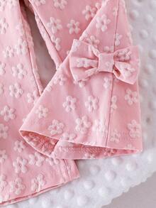 2pcs Baby Girls Knitted Textured Fabric Ruffle Trim Floral Top And Pants Set, Sweet Jacquard, Casual Summer Outfit - Pink - View 7
