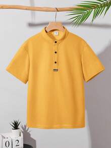 SHEIN Tween-Jungen Lässig vielseitige bequeme Poloshirt mit Stehkragen und Reißverschluss, locker geschnitten, kurzärmlig, einfarbig, geeignet für Pendeln, Schule, Lässig, Urlaub, Sport, Frühling/Sommer - Gelb - Übersicht 6