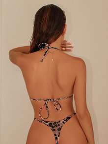 Swim Vcay 2pcs Women's Summer Beach Leopard Print Halter Tie Sexy Bikini Swimsuit Set, Random Print - Multicolor - View 2