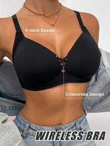 DesireSculpt Women's Comfortable Solid Sexy Romantic & Simple Cross Strap Wire-Free Soft Cup Anti-Sagging Bra - Black - View 3