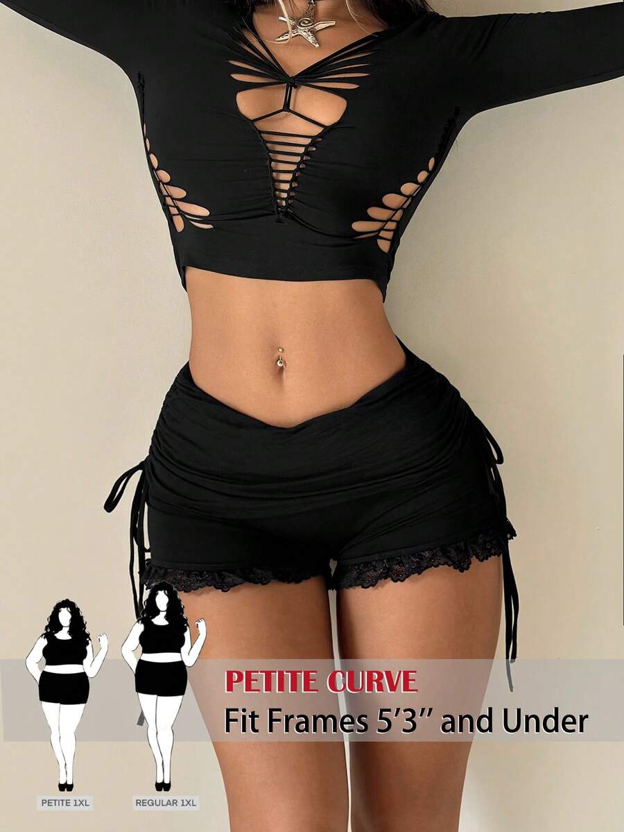 SHEIN PETITE CURVE 大码女式夏季休闲通勤设计纯色抽绳褶皱打结蕾丝边短裤 - 黑色 - 查看 1