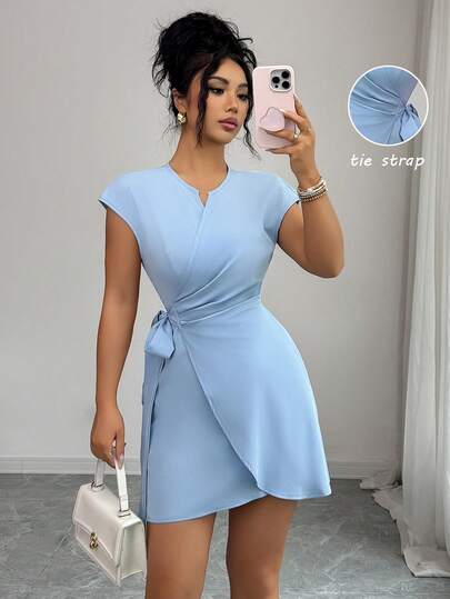 SHEIN Elenzya 女士优雅纯色V领裹身腰连衣裙，短袖褶皱系带迷你连衣裙，春夏款