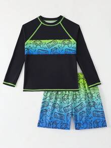 SHEIN 男童两件套泳装 - 电子游戏印花泳裤和短裤，适合夏季海滩穿着 - 黑色 - 查看 7