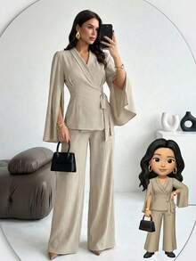 Firerie 2pcs Women's Apricot Tie-Up Split Sleeve Mandarin Collar Top And Elastic Waist Wide Leg Pants Set, Apricot Suit, Mandarin Collar Suit, Apricot Suit, Elegant, Commute, Casual, Business, Workwear, Teacher's Day, Back To School,Spring Outfit Women - Apricot - View 3