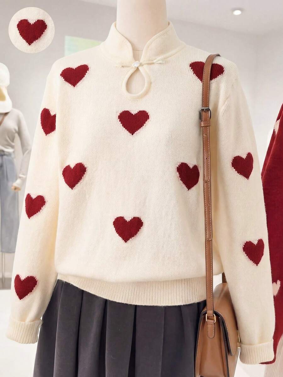 SHEIN Franclia Romantic Valentine's Day Themed Red Stand-Up Collar Pullover Sweater With A Versatile Heart-Patterned Jacquard Design. Features Stylish And Versatile Buttons. Long-Sleeved, Round-Neck, Red Heart-Patterned Jacquard Pullover Sweater. Elegant And Slim-Fitting Evening Wear. Suitable For Women's Elegant Dresses, Wedding Guest Wear, Wedding Party Wear, Valentine's Day Pullover Sweater, Valentine's Day Attire, And Elegant Party/Birthday Tops. - Beige - View 1
