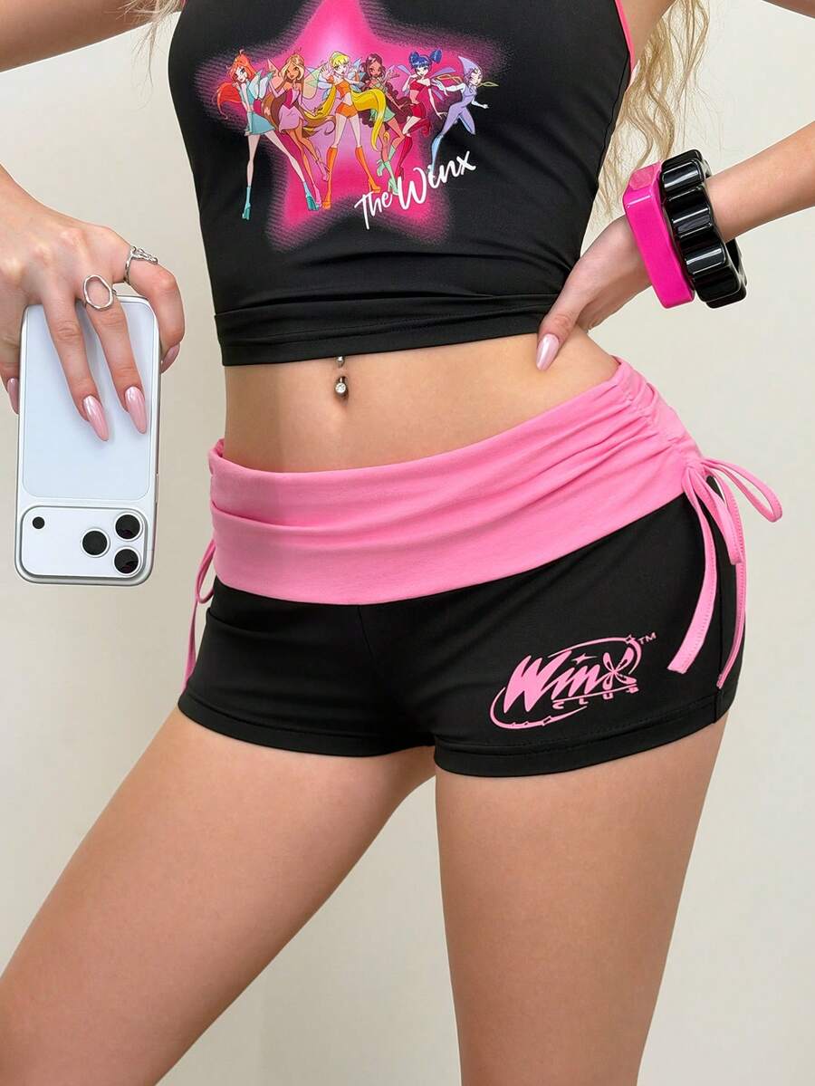 The Winx X SHEIN Women's Casual Letter Print Side Drawstring Shorts, Summer - Black - View 1