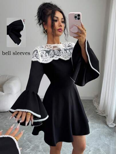 Modelyn Women's Elegant French Design Contrast Lace Ruffle Sleeve Waist Cinched Short Dress