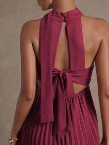 L'Amorae Damska sukienka mini z plisowanym dołem i jednolitym kolorem, z modnym dekoltem halter - Burgund - Zobacz 5