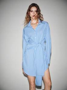Lumivelle 女士优雅通勤条纹系腰短袖迷你连衣裙 - 藍白色 - 查看 6