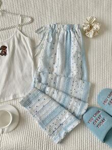 Comfortcana 女士条纹撞色格子松紧腰抽绳裤 - 藍色 - 查看 7