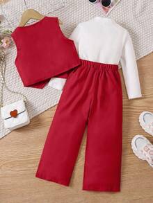SHEIN Elladie kids 三件套少女春秋季派对套装，包含无袖背心、阔腿裤和长袖高领上衣，时尚休闲装，粉色无袖纽扣背心+舒适针织高领上衣+阔腿裤，欧美风少女服装套装 - 紅色 - 查看 2