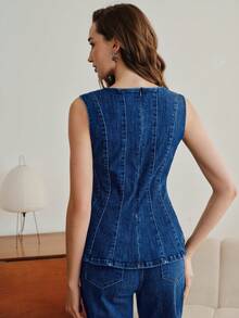 Anewsta Women's Elegant Romantic Party & Vacation Elastic Fitted Ruffle Trim Sleeveless Blue Top With Jeans Denim Peplum Top - Blue - View 7