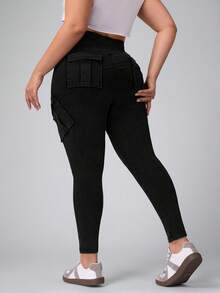 Flexra 大码女式高腰工装口袋紧身休闲牛仔裤 - 黑色 - 查看 2