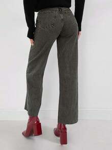 SHEIN PETITE 100%Cotton Raw Hem Wide Leg Jeans Petite - Light Grey - View 2