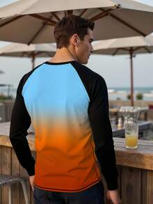 Manfinity Swimmode Men's Ombre Round Neck Long Sleeve Surfing T-Shirt, Beach Vacation Men Rash Guard Men Full Sleeve Tshirt Beach Wear For Men - Blue - View 2