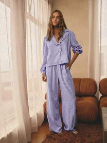 Aralina Bộ đồ ngủ 2 món kẻ sọc, cổ áo xếp ly, tay dài, tay phồng, cài cúc, gồm áo sơ mi và quần dài ống rộng, bộ đồ ngủ Giáng sinh dễ thương và ấm áp. - Màu Lilac Tím - Xem 4
