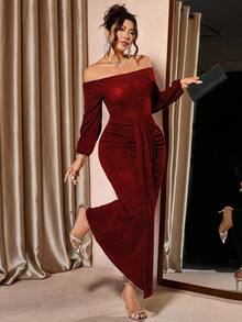 Cravure 大码黑色露肩连衣裙，优雅性感，适合派对、宴会、秋冬季穿着。 - 酒紅色 - 查看 6