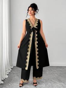 Elenzga 女士V领蝴蝶结两件套，金色花卉饰边无袖长款露脐上衣和阔腿裤，休闲夏季套装 - 黑色 - 查看 4