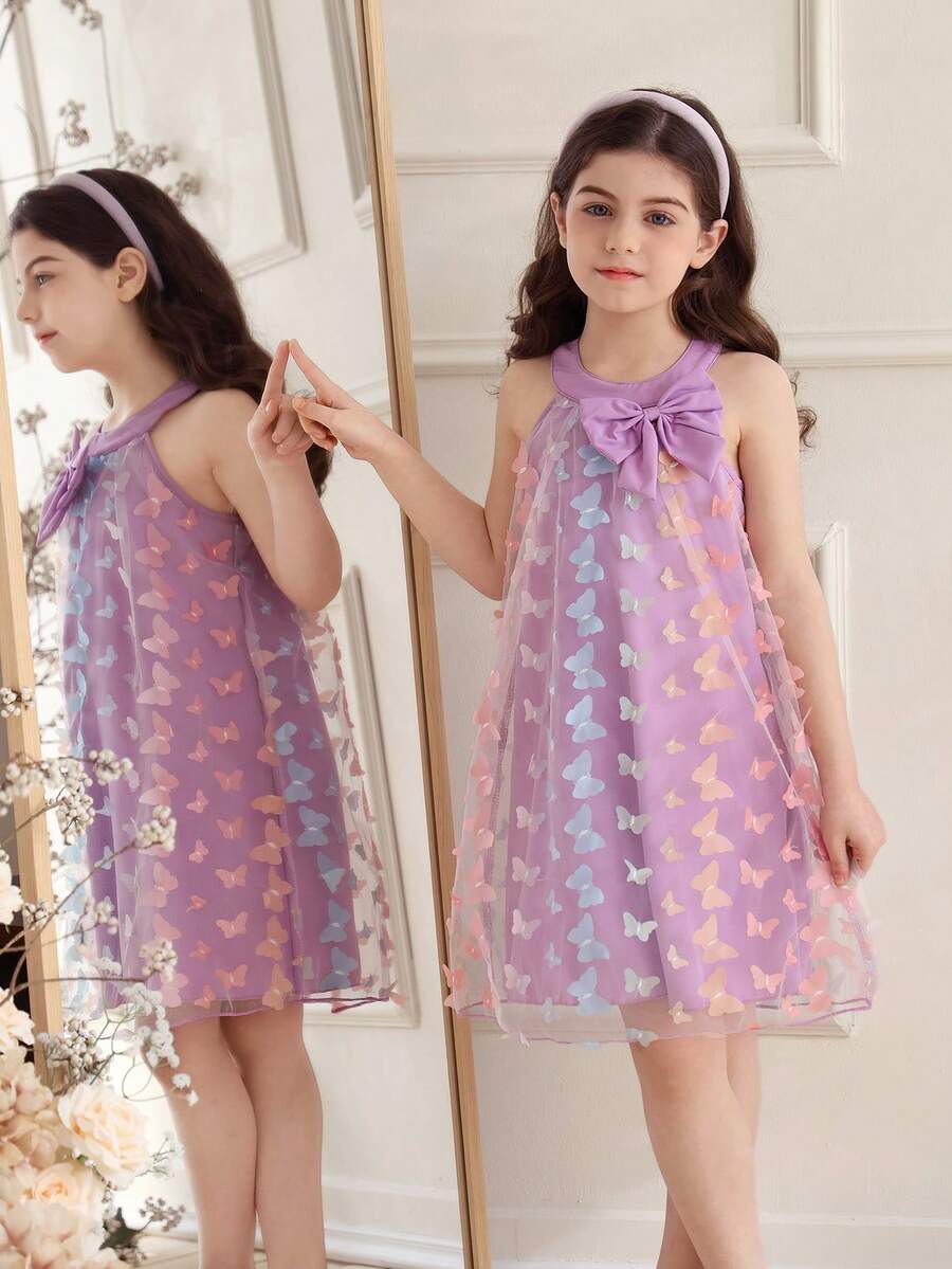 女童优雅可爱蝴蝶网纱露背无袖A字休闲连衣裙，适合节日派对、生日礼物、度假、春夏穿着 - 紫色 - 查看 1
