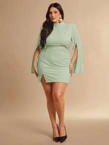 SHEIN BAE Plus Size Women Elegant Solid Color Split Sleeve Fitted Dress - Mint Green - View 1