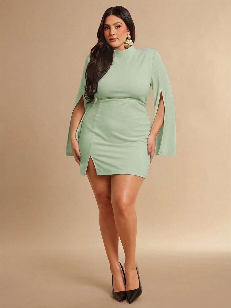 SHEIN BAE Plus Size Women Elegant Solid Color Split Sleeve Fitted Dress - Mint Green - View 1