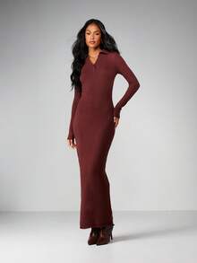 MISSGUIDED Burgundy Ribbed Knit Button Neck Long Sleeve Maxi Sweater Dress With Collared Neckline For Fall Winter Casual Day Wear - Brown - View 4