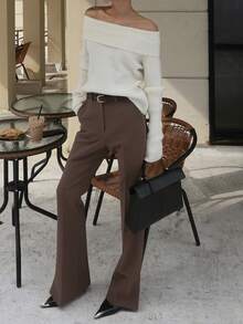 DAZY 1pc Women Off-Shoulder Knitted Sweater, Elegant Design Loose Fit Pullover - White - View 3