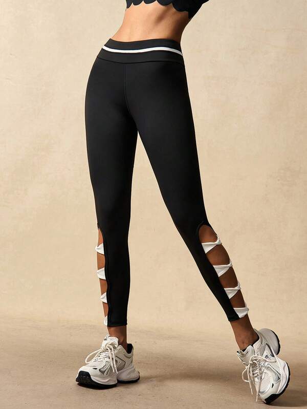 VARSIVA Black And White Color-Blocked Athletic Leggings, Stylish Knotted And Cutout Tight-Fitting Leggings, Ballet-Style Leggings, Suitable For Everyday Wear, Yoga, Vacations, And Running, Suitable For Spring, Summer, Autumn, And Winter.