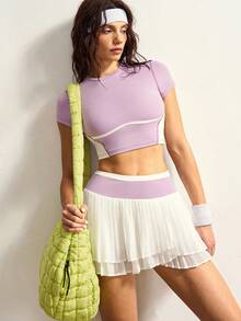 VARSIVA Purple Tennis Set, Purple Tennis Set Purple And White Color-Blocked Short-Sleeved T-Shirt And Mini Tennis Skirt, Suitable For Sports, Tennis, Cricket, Yoga, Everyday Wear, And Vacations, And Is Suitable For Spring, Summer, Fall And Winter. - Multicolor - View 6
