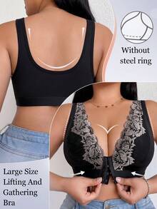 DesireSculpt 1pc Plus Size Wireless Lace Patchwork Front Closure Casual Comfortable Bra - Black - View 6