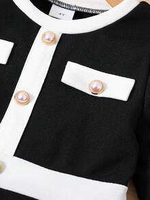 Emery Rose Kids Emery Rose Kids 少女休闲通勤优雅黑白撞色纽扣装饰荷叶边修身长袖连衣裙，秋冬16岁中长款女童连衣裙，少女优雅长袖连衣裙 - 黑與白 - 查看 5