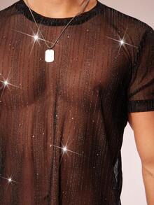 FeverCity Men's Shiny Mesh Round Neck Short Sleeve Sheer T-Shirt - Black - View 6