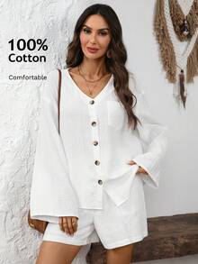 EMERY ROSE 女士度假休闲纯色喇叭袖衬衫和短裤两件套 - 白色 - 查看 1