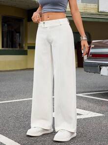Flirla Y2K Low Waist Asymmetric Waist Button Washed Denim Straight Leg Pants - White - View 3