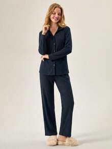 Loomlin 100%Cotton Shirt Style Buttoned Striped Dark Blue 2 Pieces Pajama Set - Navy Blue - View 4