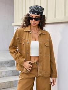 Jeanoix Y2K Fashion Turndown Collar Button-Up Washed Denim Jacket - Brown - View 6