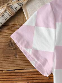 Tetris™ X SHEIN 年轻女孩夏季休闲时尚街头风日常通勤字母和棋盘格印花短袖T恤 - 白色 - 查看 6