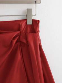 Franclia 优雅时尚短款褶裥可调节系带双层侧边隐形拉链PU皮酒红色女裙，秋冬款 - 紅色 - 查看 5