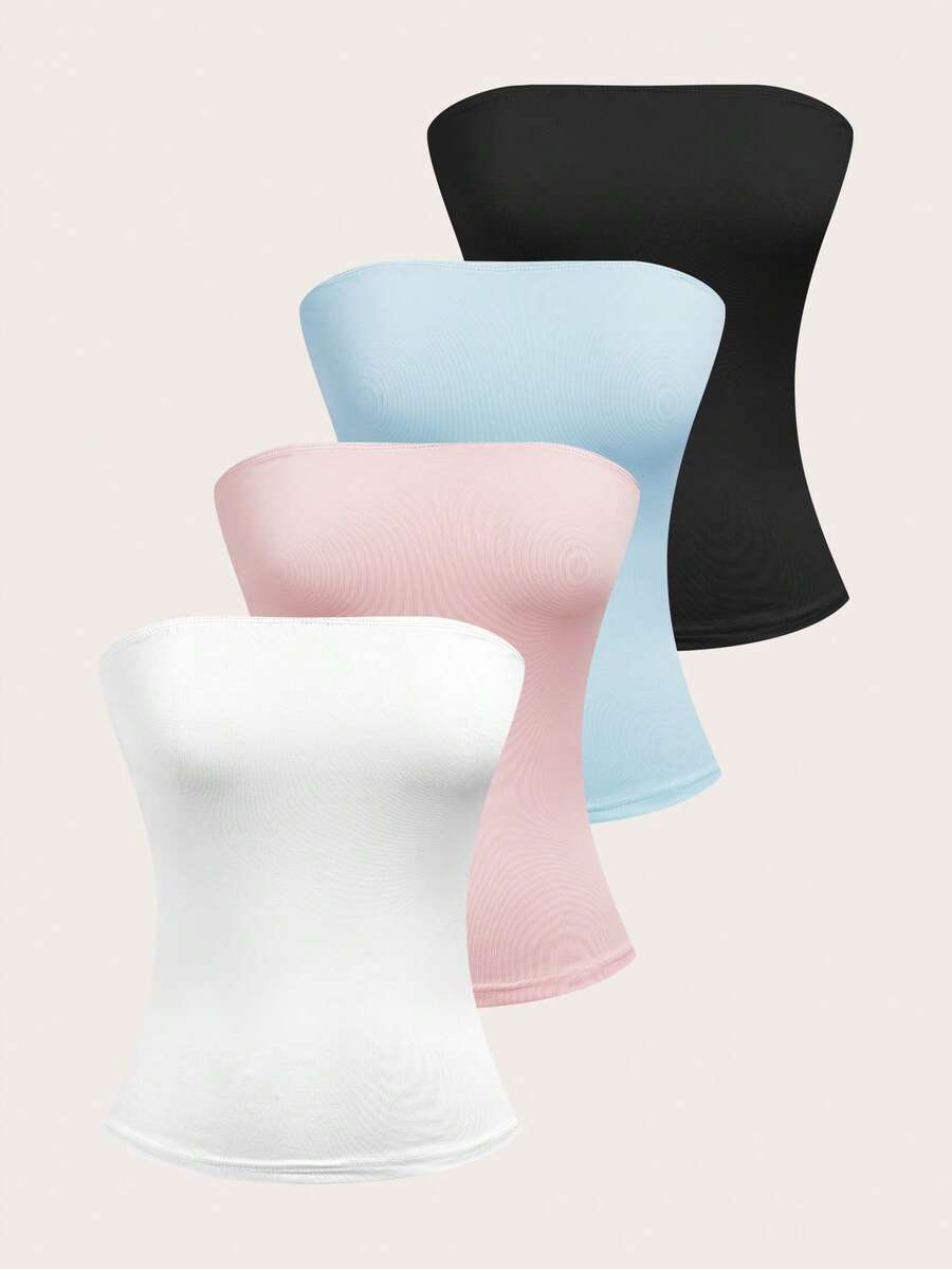 SHEIN EZwear 4件装女士纯色罗纹休闲抹胸上衣,夏季 - 彩色 - 查看 1