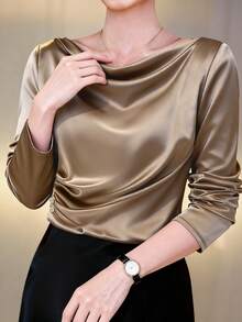 GlowEve CURVE Plus Size Women's Shiny Fabric Long Sleeve Shirt, Versatile For Commuting, Side Pleated Design With Buttons - Khaki - View 7