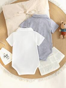 SHEIN 女婴平领平袖连体衣，前开襟按扣设计，刺绣图案，夏季款 - 彩色 - 查看 2