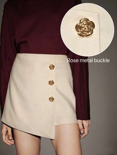 Lumivelle Valentine's Day Rose Design Women's Shorts Skirt, Apricot Color Emory Rose Clothes For Women Rose Metal Buckle