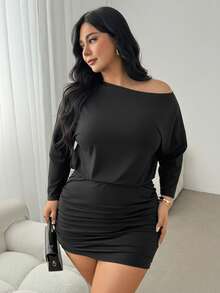 Auralis Women Plus Size Black Autumn Classy Formal Evening Night Out Club Dress,Oblique One Shoulder Long Sleeve Pleated Bodycon Mini Skirt Cinched Waist Y2K - Black - View 6