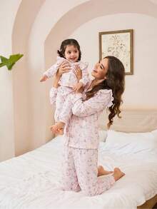 Babyflickor pyjamas - 2-delat pyjamasset Kanintryck Rosa Blommig Volang Axlar Rund Hals Långärmad Resår i Midjan Långa Byxor Tvådelat Nattplagg Bekvämt Lätt Hela Säsong Högtid 2026 Oumbärlig Gåva Barnrum Sovrum Lounge - Babyrosa - Visa 3