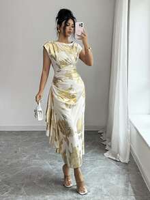 Elenzga Vestido de mujer elegante con volantes en la cintura y el bajo, estampado floral aleatorio, para verano - Albaricoque - Ver 8