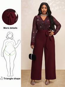 Truni 大码优雅V领束腰网眼拼布长袖连体裤 - 酒紅色 - 查看 1