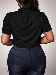 Truni 大码纯色短款夹克，褶裥泡泡袖设计，商务休闲女装 - 黑色 - 查看 2