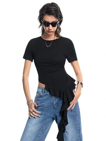 Airlisse Women's Y2K Fashion Ruffle Hem Long Sleeve T-Shirt, Suitable For Graduation, Party, And Everyday Wear